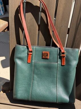 Dooney & Bourke Green Pebbled Leather Tote with Brown Straps